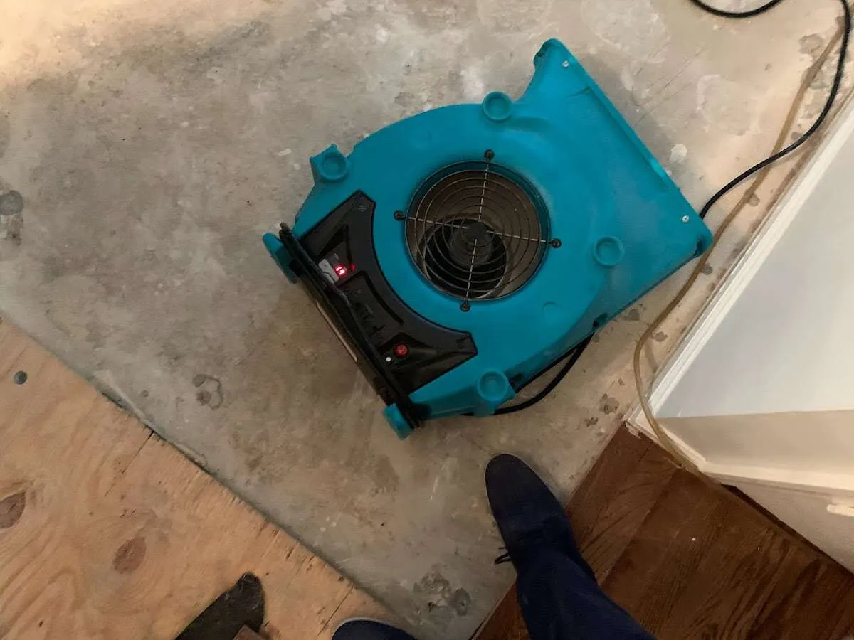 Air mover drying subfloor during Leak Detection & Repair in East Granby